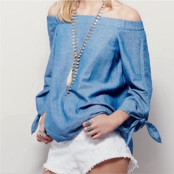Free People Linen Blend Boho Off Shoulder  Chambray Top Festival Beach Small - Picture 1 of 14